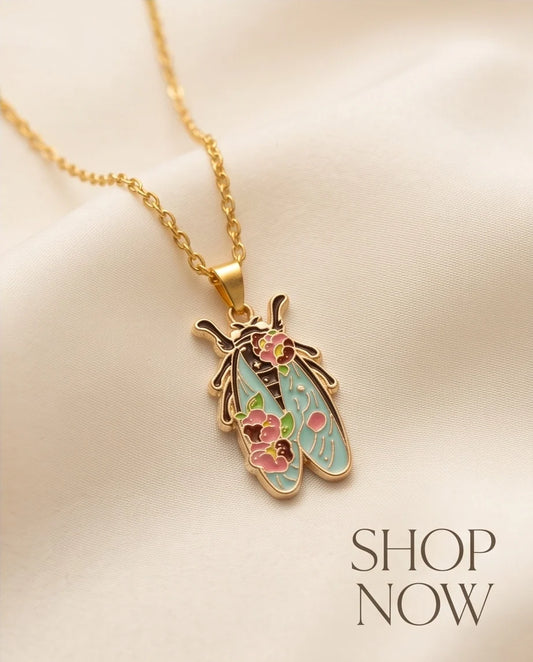 Gold Floral Cicada Enamel Chain Necklace