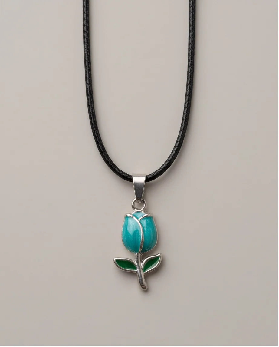Silver Light Blue Enamel Tulip Pendant Necklace