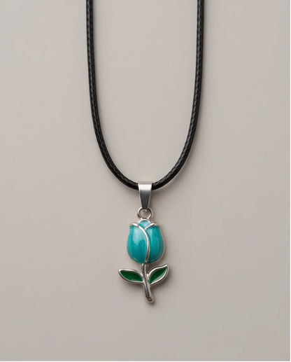 Silver Light Blue Enamel Tulip Pendant Necklace