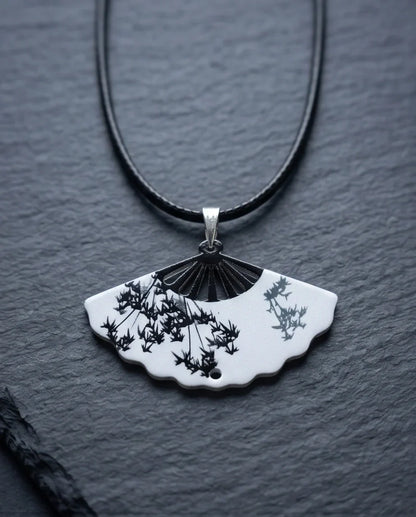 Artistic Monochrome Folding Fan Pendant Necklace