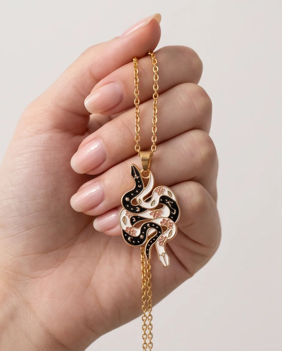 Gold Floral Serpent Enamel Pendant Necklace