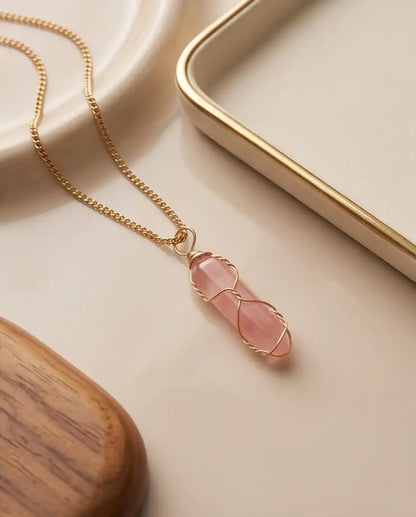 Wire-Wrapped Rose Quartz Crystal Point Pendant Box Chain