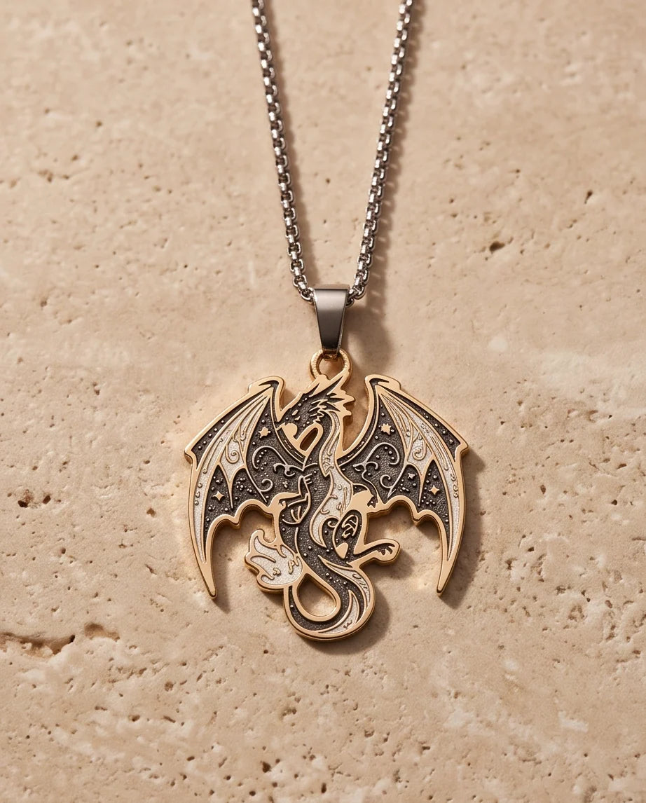 Gold Celestial Dragon Black & White Enamel Pendant Necklace