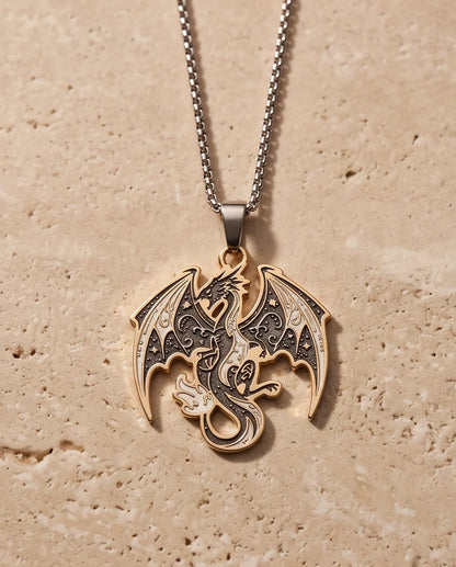 Gold Celestial Dragon Black & White Enamel Pendant Necklace