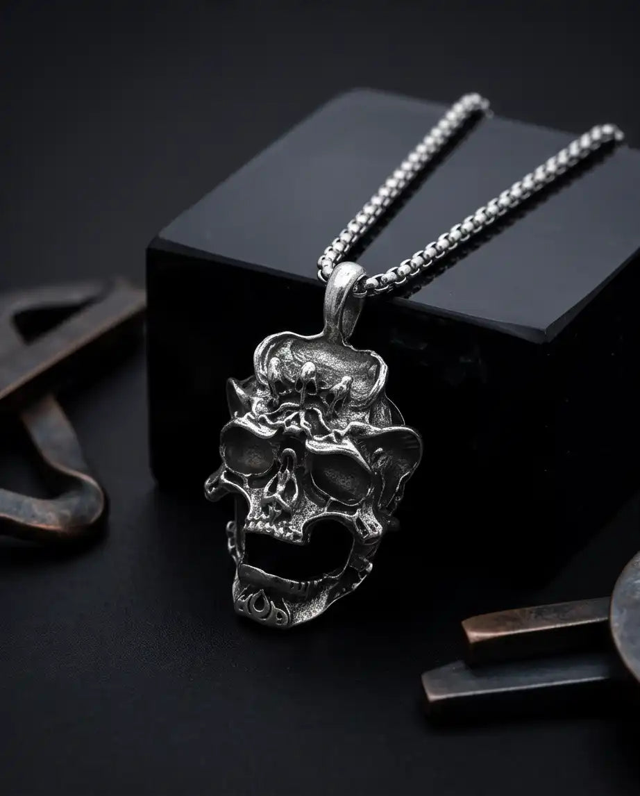 Gothic Screaming Demon Skull Pendant Silver Box Chain Necklace