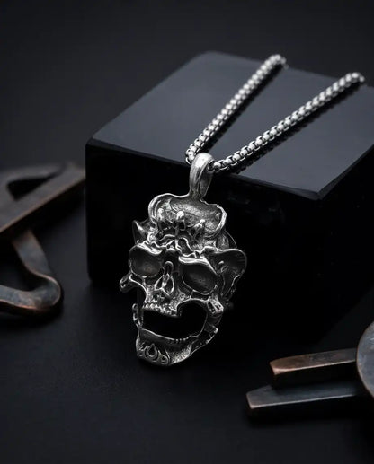 Gothic Screaming Demon Skull Pendant Silver Box Chain Necklace