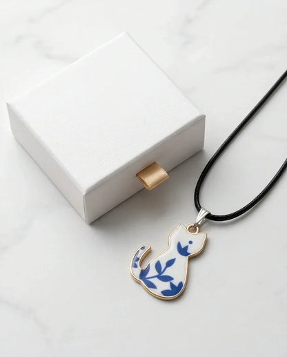 Artistic Blue Porcelain Feline Silhouette Pendant Necklace