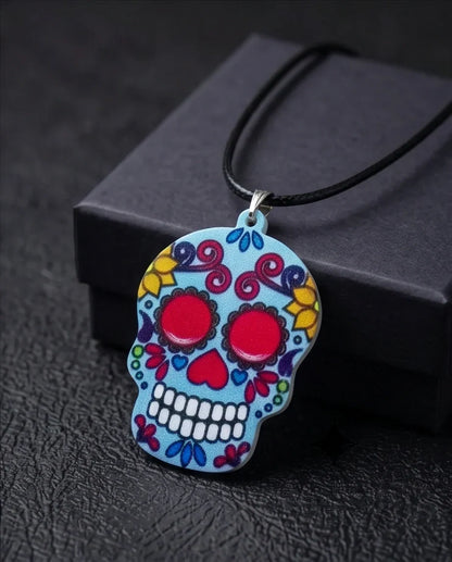Vibrant Light Blue Sugar Skull Día de los Muertos Pendant Necklace