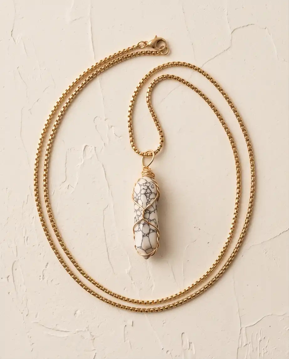 Wire-Wrapped White Howlite Crystal Point Pendant Box Chain