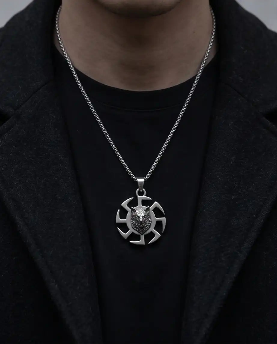 Black Sun Wolf Medallion Pendant Box Chain