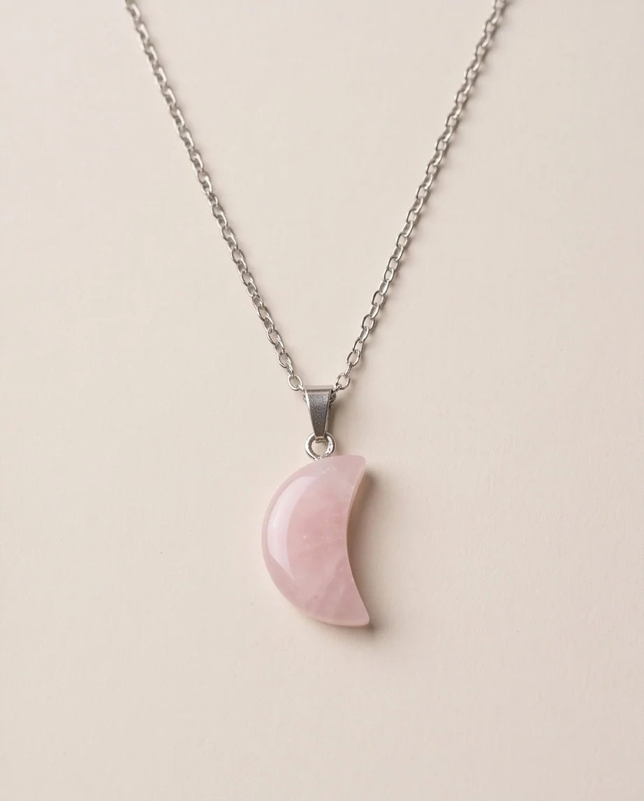 Silver Rose Quartz Pink Crescent Moon Pendant Necklace