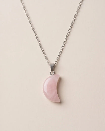 Silver Rose Quartz Pink Crescent Moon Pendant Necklace