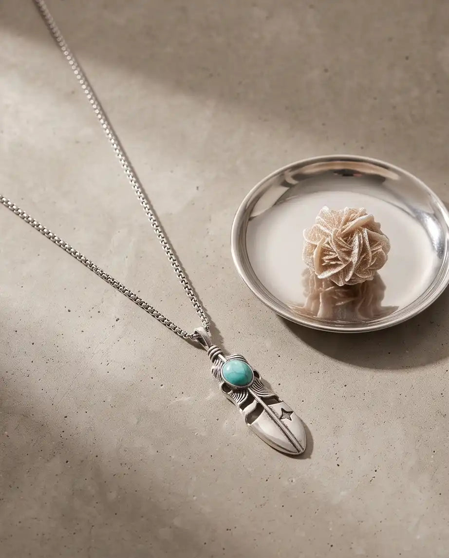 Turquoise Stone Feather Pendant Box Chain