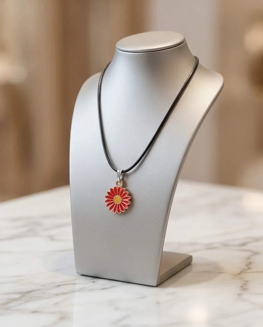 Gold and Red Sunflower Pendant Necklace