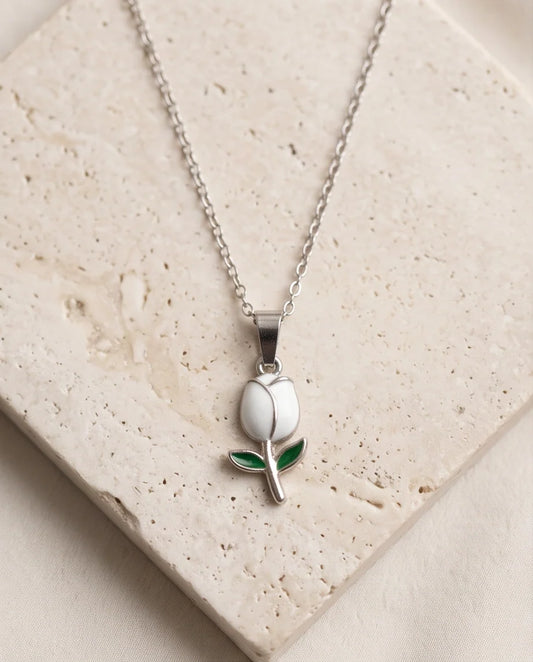 Silver White Enamel Tulip Pendant Necklace