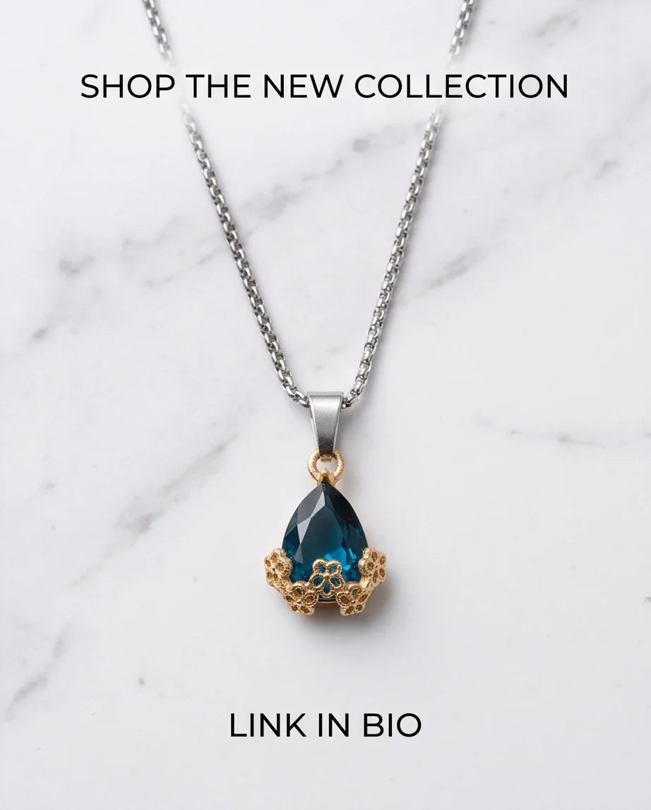 Gold Sapphire Teardrop Floral Basket Pendant Necklace