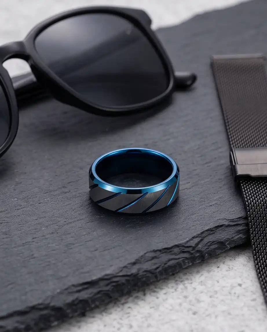 Two-Tone Brushed Silver and Blue Diagonal Groove Band Ring