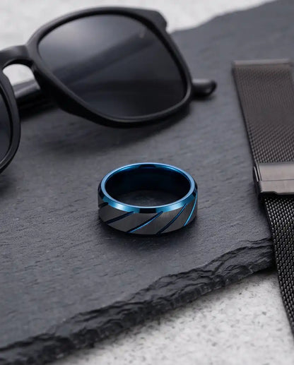 Two-Tone Brushed Silver and Blue Diagonal Groove Band Ring