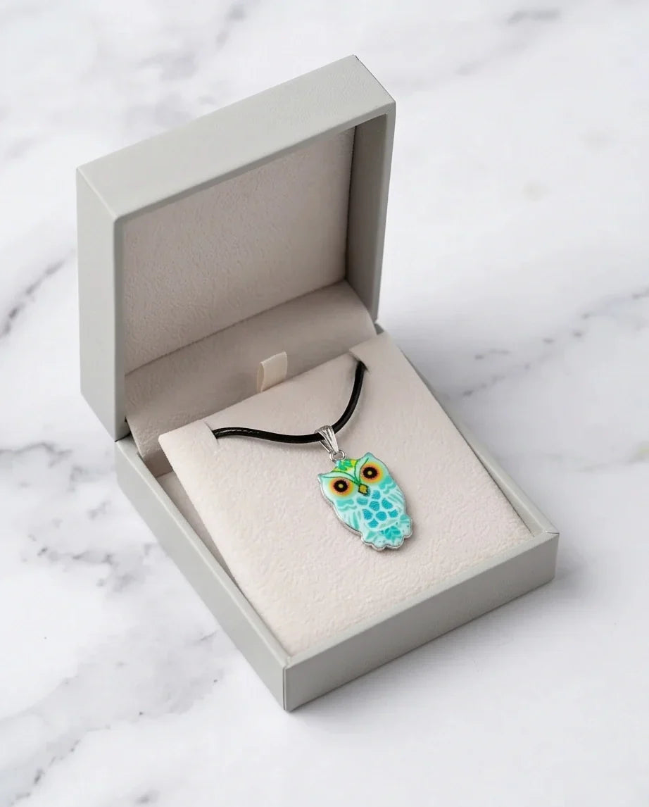 Vibrant Mint Blue Owl Totem Pendant Necklace