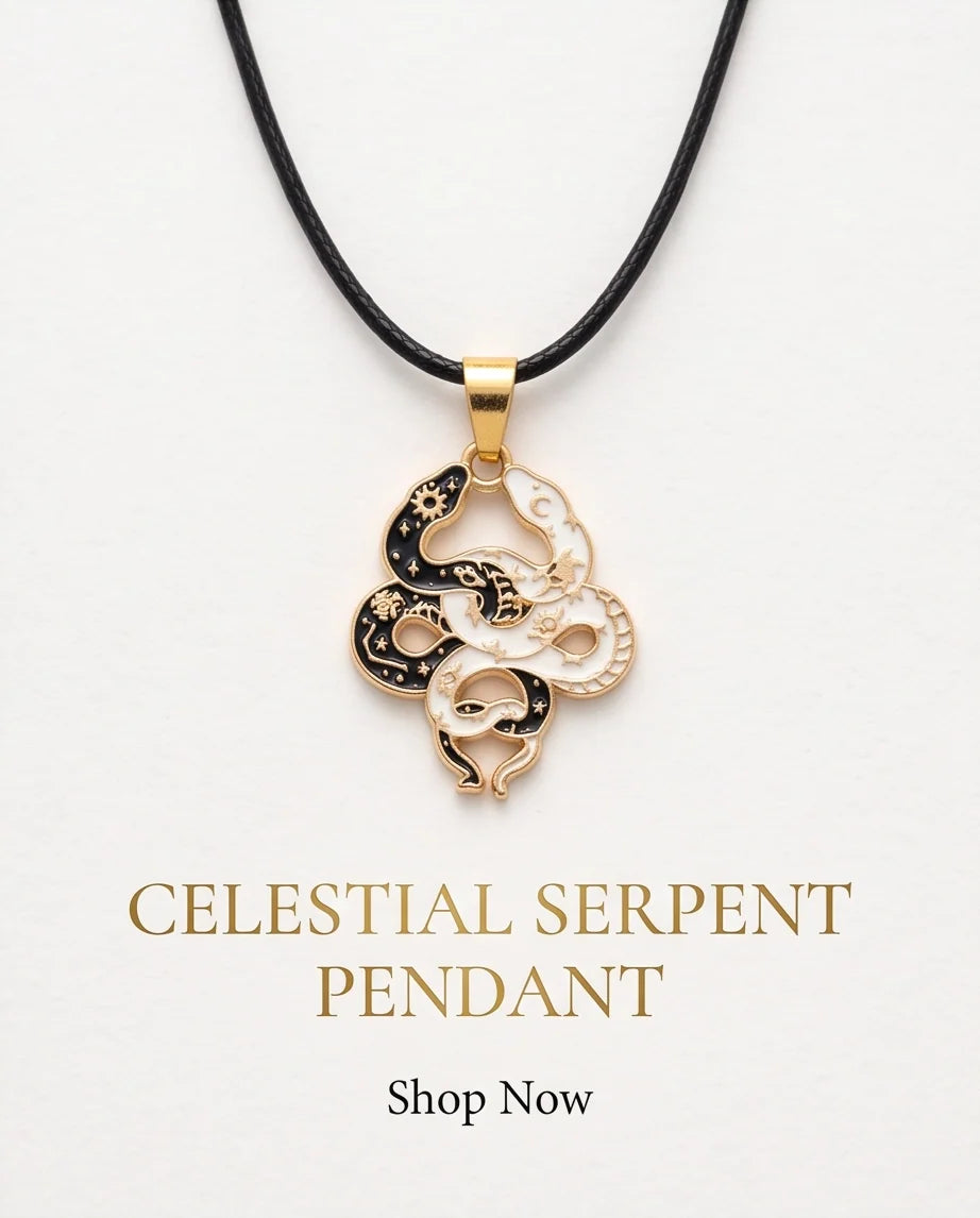 Gold Dual Serpent Celestial Enamel Pendant Necklace