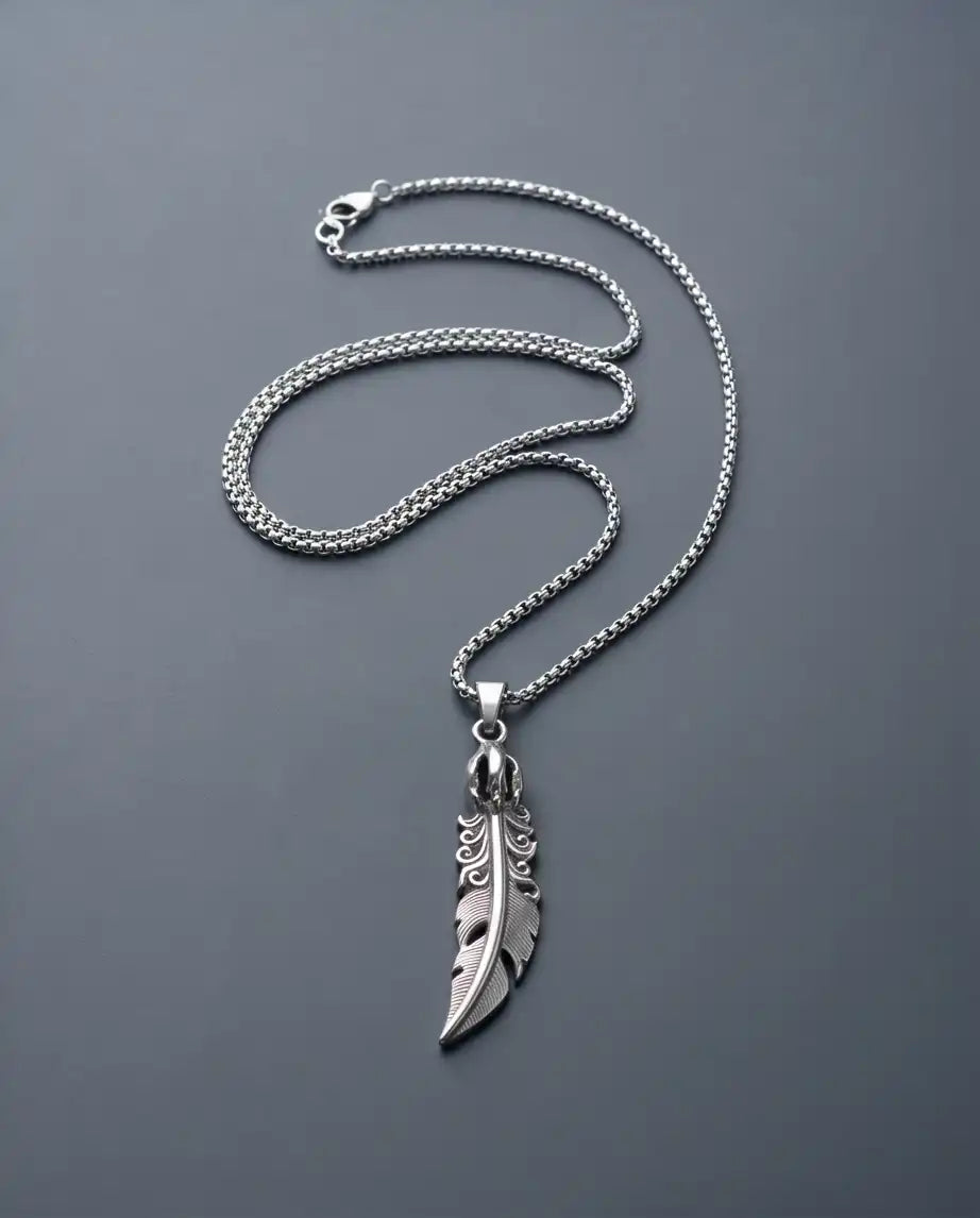 Gothic Filigree Feather Pendant Silver Box Chain Necklace