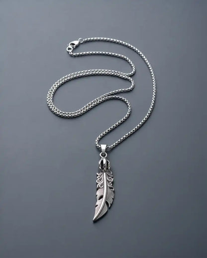 Gothic Filigree Feather Pendant Silver Box Chain Necklace