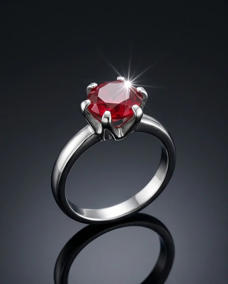 Sterling Silver Round-Cut Red Ruby Solitaire Ring