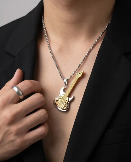 Two-Tone Electric Guitar Pendant Silver Box Chain Necklace