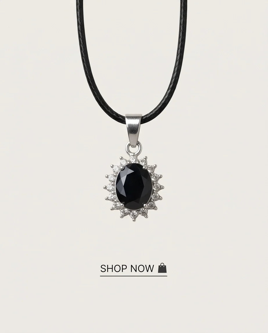 Silver Black Gem Oval Halo Medallion Pendant Necklace
