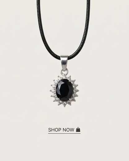 Silver Black Gem Oval Halo Medallion Pendant Necklace