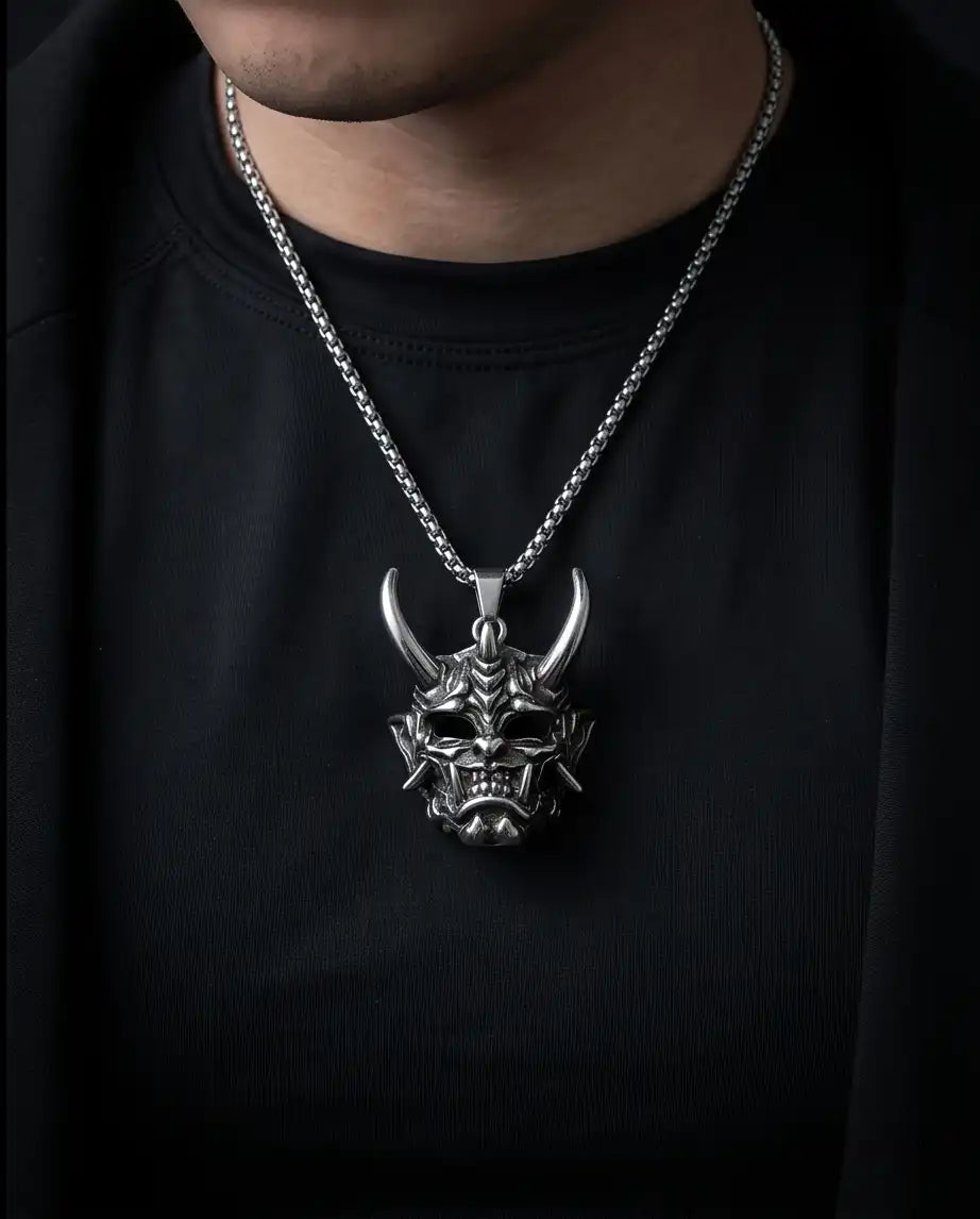 Japanese Horned Oni Mask Pendant Box Chain