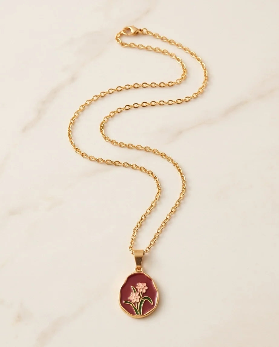 Gold Pink Floral Enamel Medallion Chain Necklace