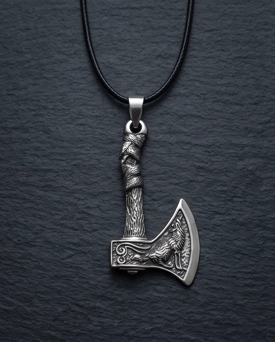 Silver Viking Axe Wolf Pendant Necklace