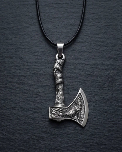 Silver Viking Axe Wolf Pendant Necklace