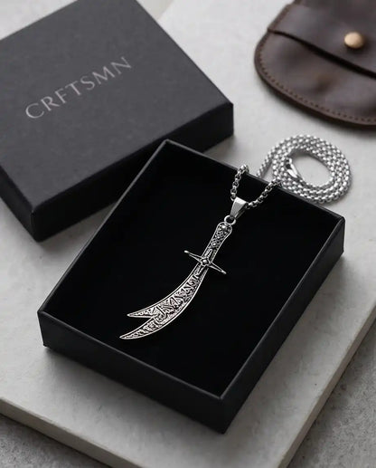 Antiqued Zulfiqar Sword Pendant Silver Box Chain Necklace