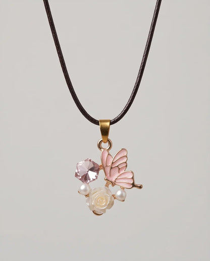 Gold Pink Enamel Butterfly & Pearl Rose Cluster Pendant Necklace
