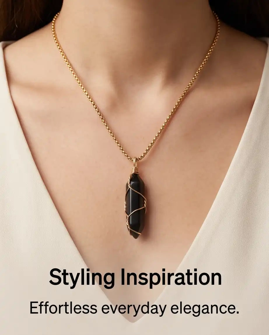 Wire-Wrapped Black Obsidian Crystal Point Pendant Box Chain