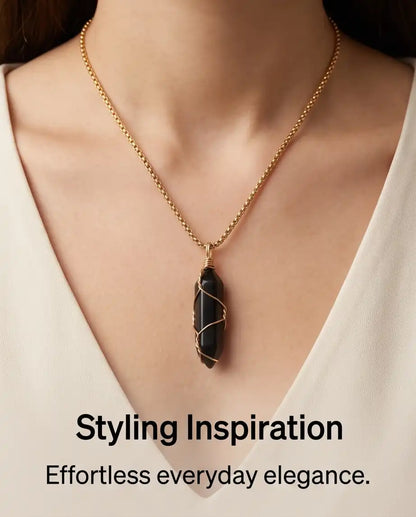 Wire-Wrapped Black Obsidian Crystal Point Pendant Box Chain