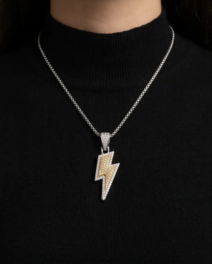 Iced Two-Tone Lightning Bolt Pendant Box Chain
