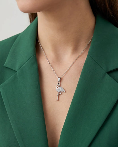 Silver Crystal Paved Flamingo Pendant Necklace