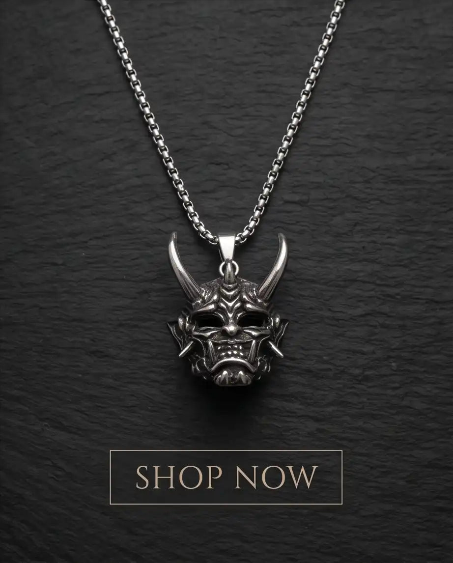 Japanese Horned Oni Mask Pendant Box Chain