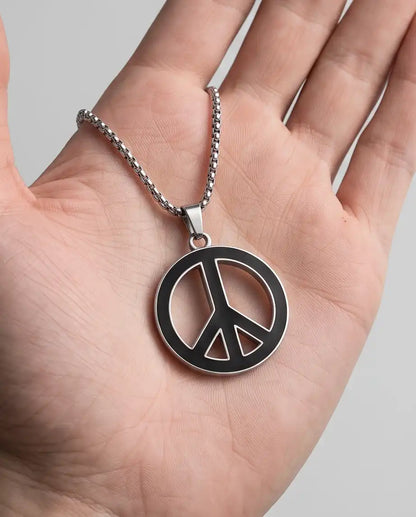 Black Enamel Peace Symbol Medallion Silver Box Chain Necklace