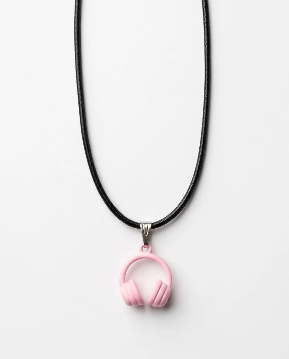 Pastel Pink Headphones Enamel Pendant Necklace
