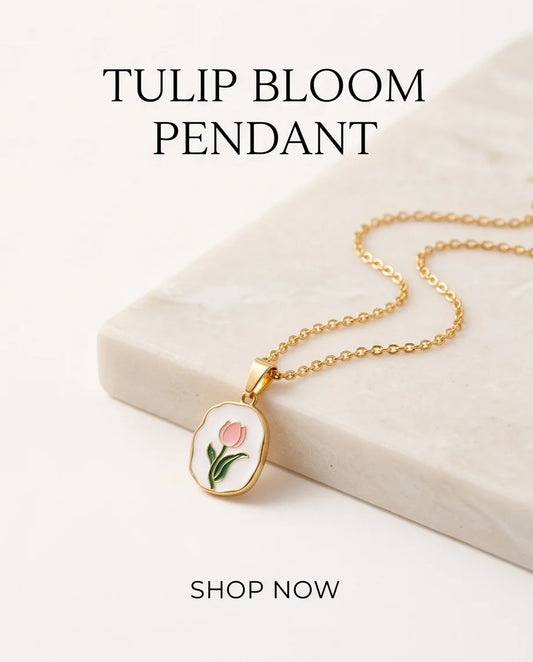 Gold Pink Tulip Enamel Medallion Chain Necklace