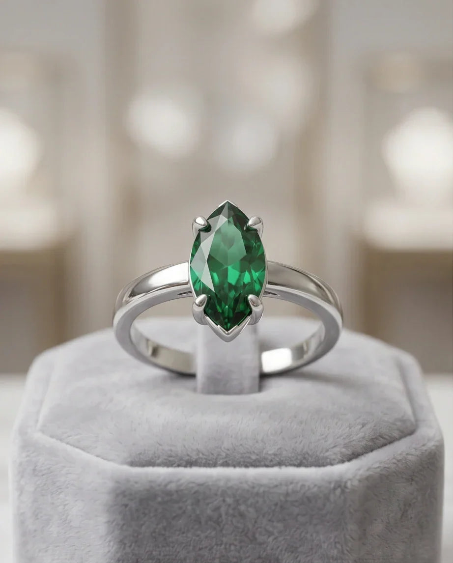 Sterling Silver Marquise-Cut Green Emerald Solitaire Ring