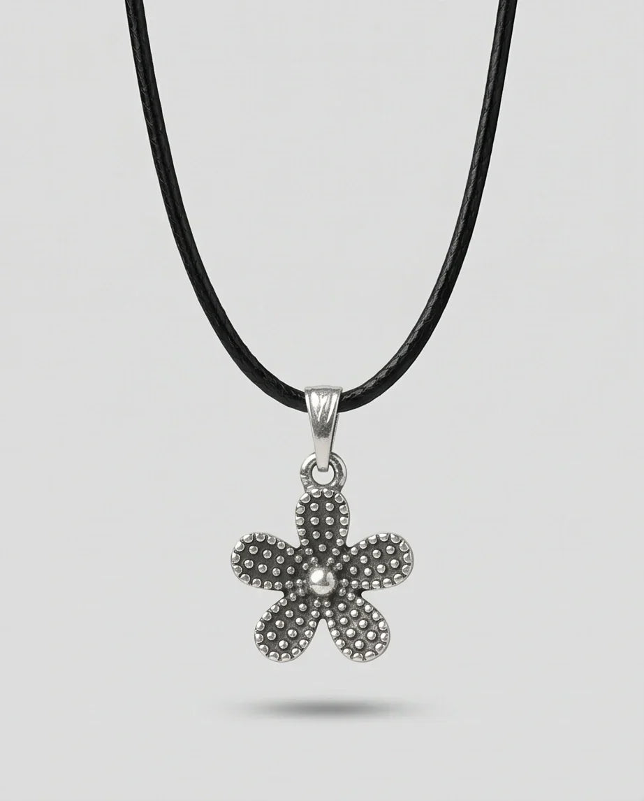 Silver Beaded Textured Flower Necklace