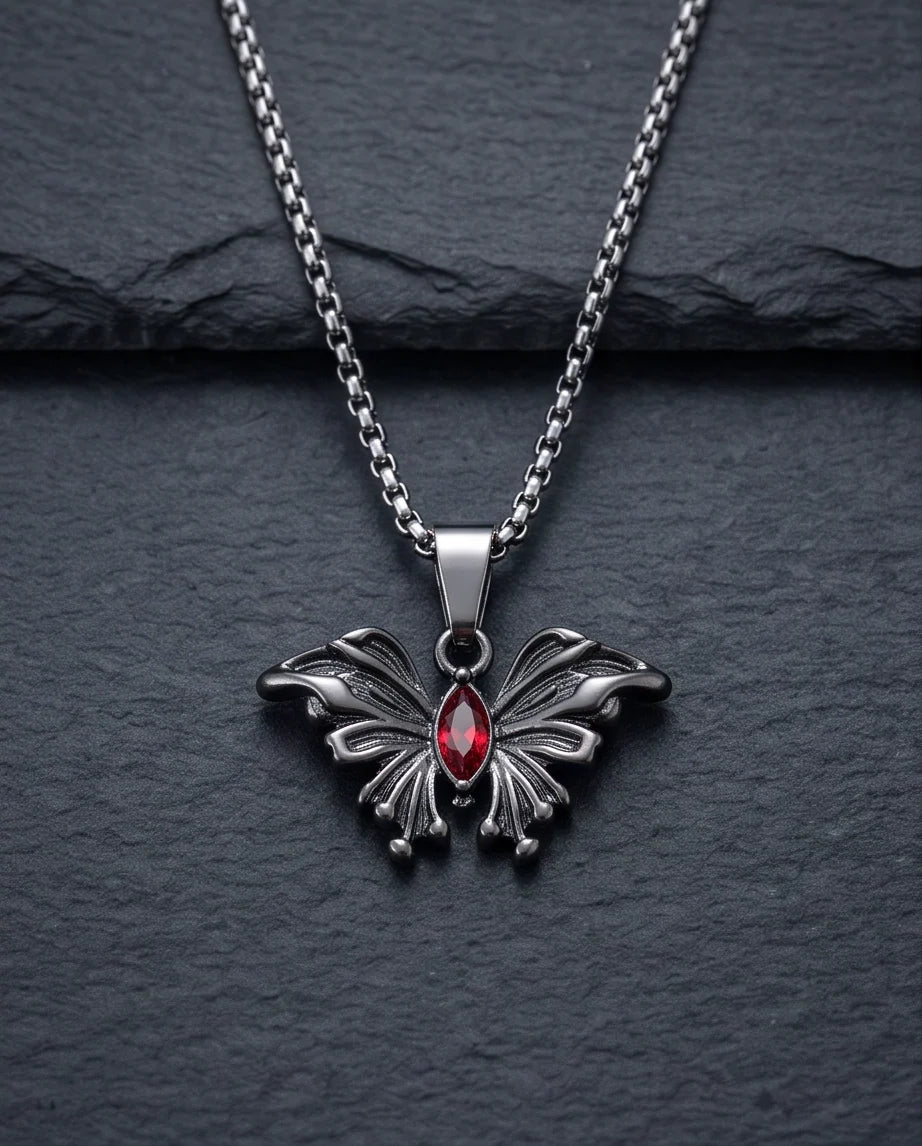Black Gothic Butterfly Red Gem Pendant Necklace