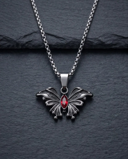 Black Gothic Butterfly Red Gem Pendant Necklace