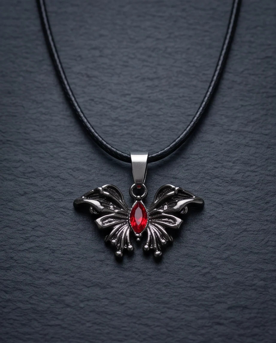 Black Gothic Butterfly Red Gem Pendant Necklace