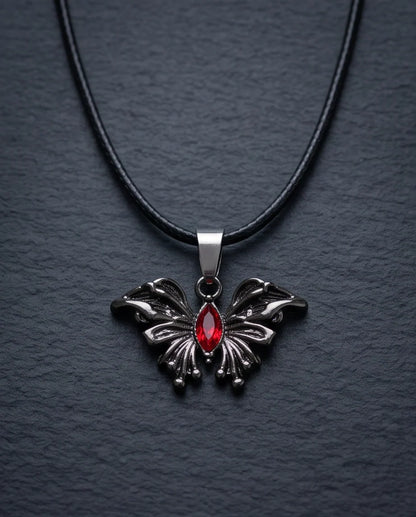 Black Gothic Butterfly Red Gem Pendant Necklace